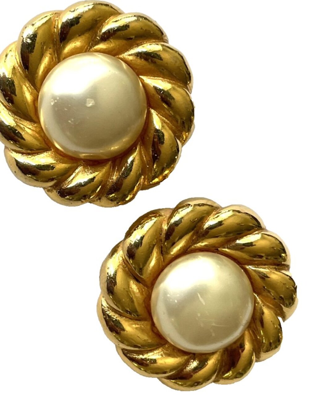 CHANEL MABE PEARL Earrings Vintage Gold Plated Large Round Design Women's Clip